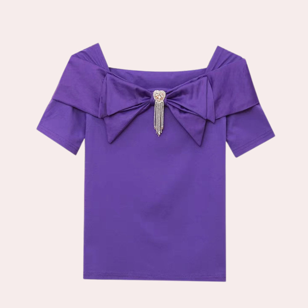 Women's Off-Shoulder Top - Fitted Silhouette - Oversized Bow Detail - Short Sleeve Elegant Design