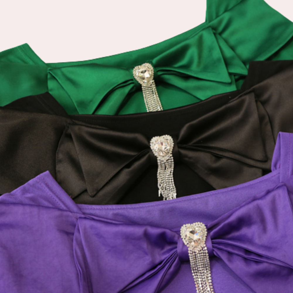 Women's Off-Shoulder Top - Fitted Silhouette - Oversized Bow Detail - Short Sleeve Elegant Design