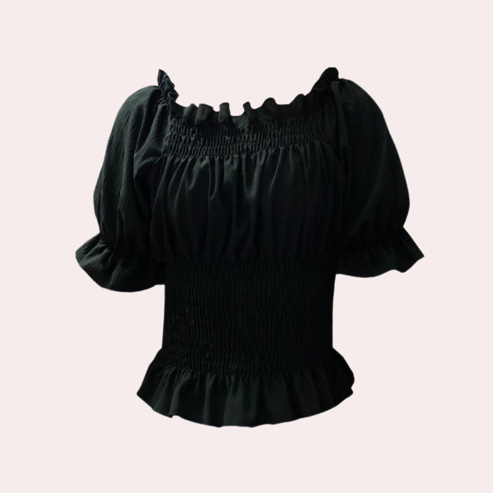 Women's Off-Shoulder Blouse - Smocked Bodice - Puff Sleeve - Ruffled Hem