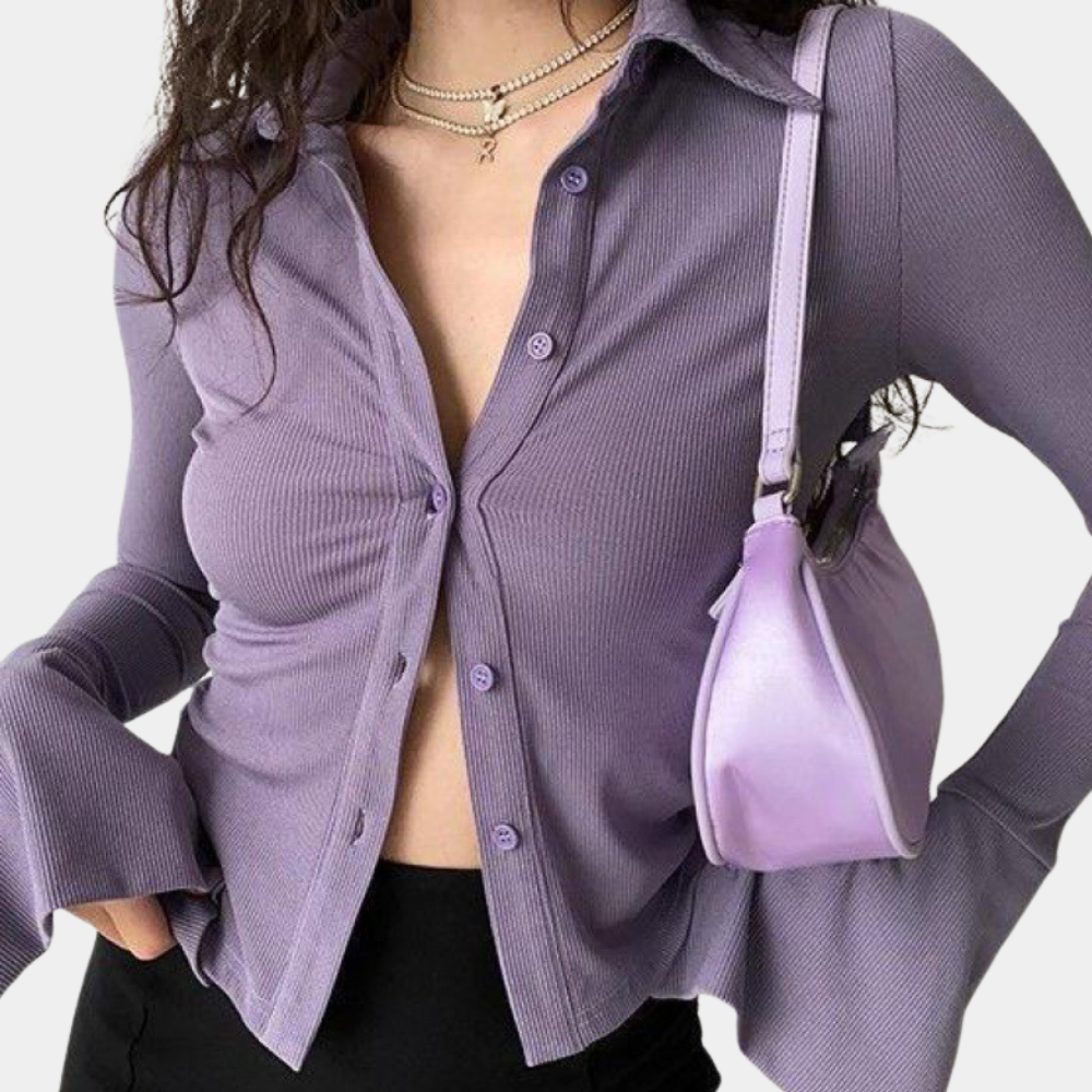Slim fit polo lapel trumpet sleeve shirt for women