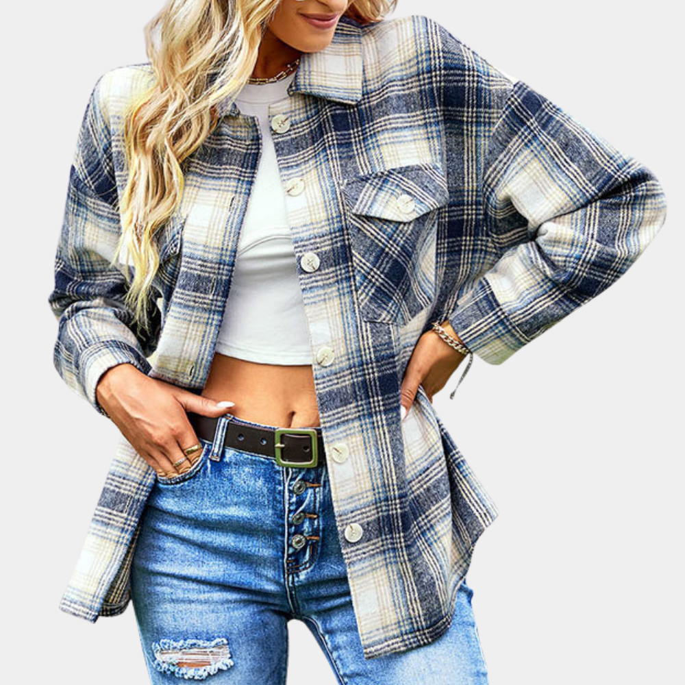 Women’s Shacket – Plaid Button-Up – Long Sleeve – Cotton Blend – Casual Layering Piece