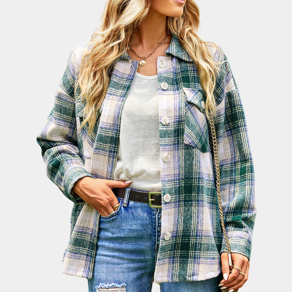 Women’s Shacket – Plaid Button-Up – Long Sleeve – Cotton Blend – Casual Layering Piece