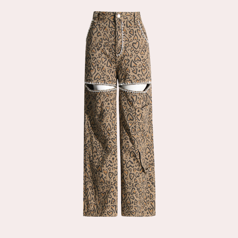Women's summer leopard print wide-leg jeans with diamond rivets
