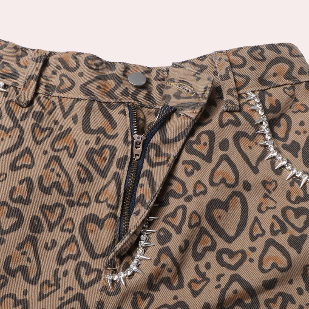 Women's summer leopard print wide-leg jeans with diamond rivets