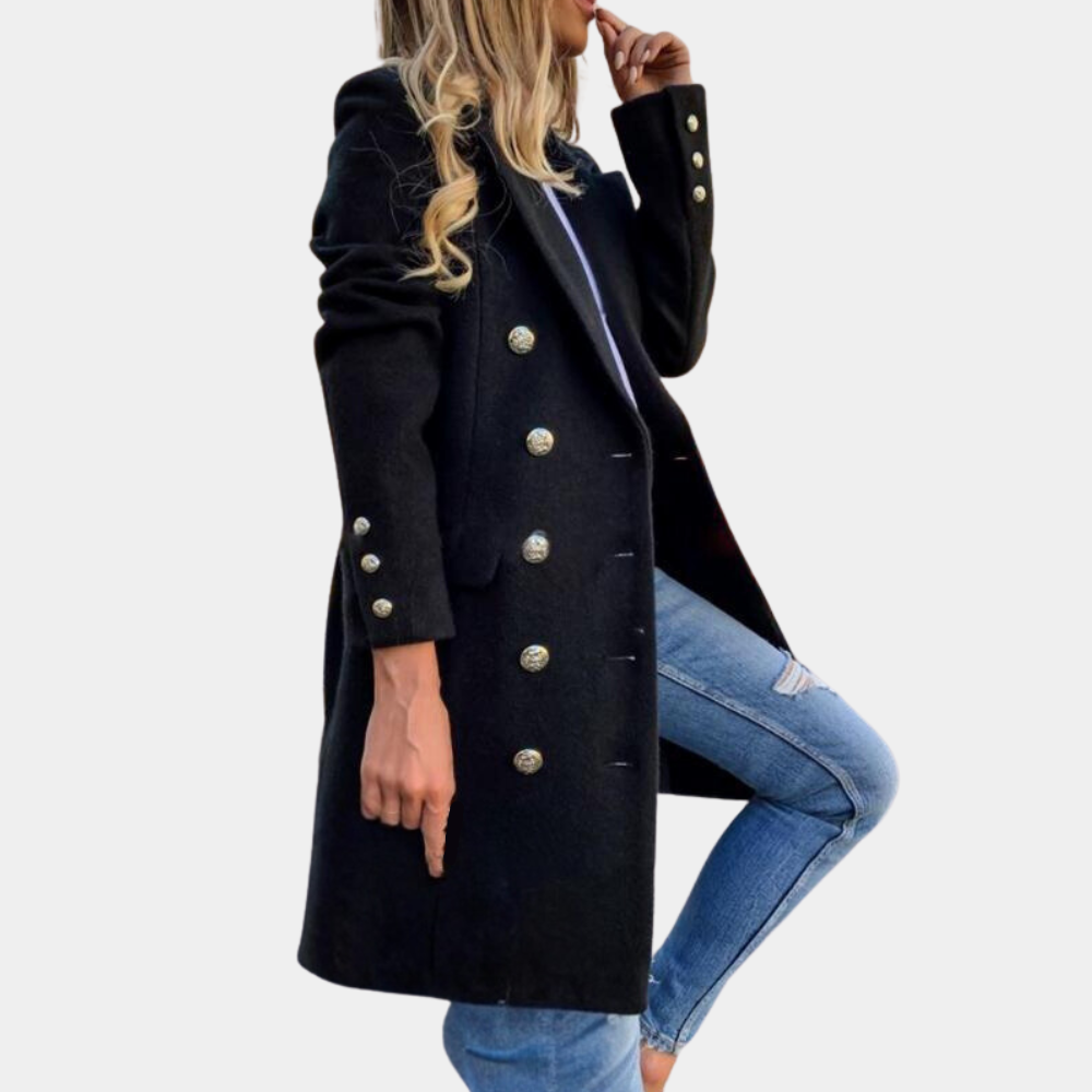 Women’s Double-Breasted Coat - Notch Lapel - Mid-Length - Flap Pockets - Tailored Fit