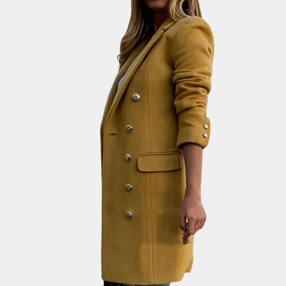 Women’s Double-Breasted Coat - Notch Lapel - Mid-Length - Flap Pockets - Tailored Fit
