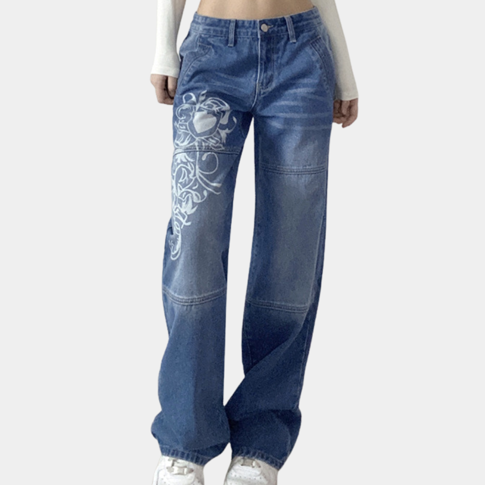 Trendy printed loose wide-leg denim trousers for women