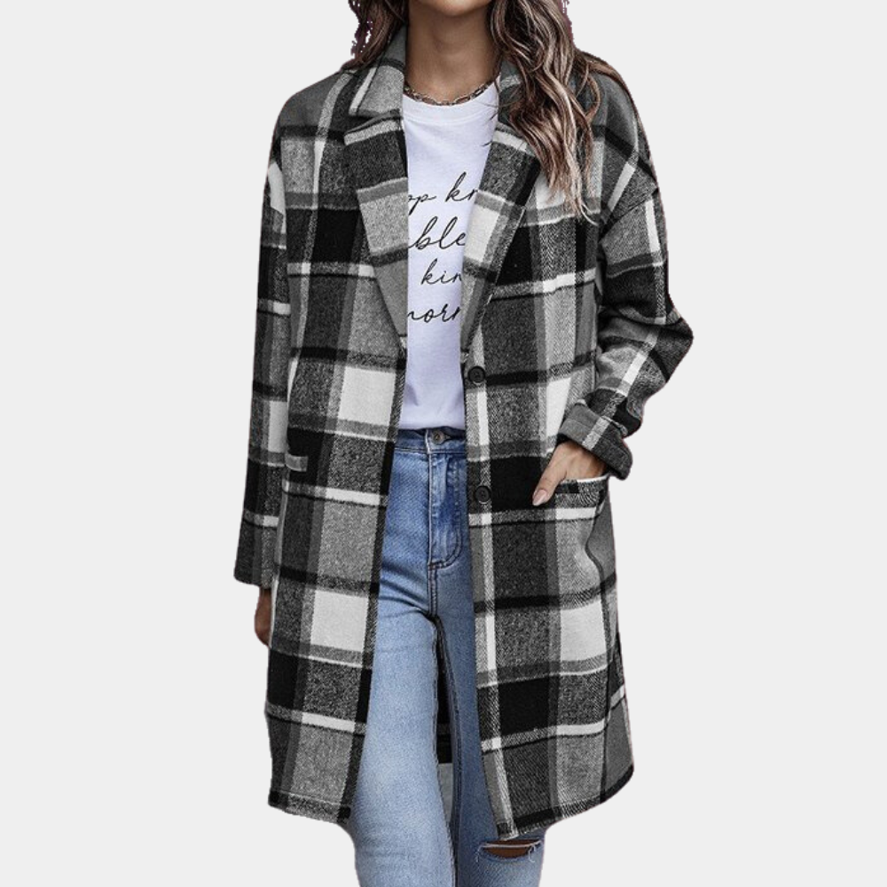 Long single-breasted lapel tweed jacket for women