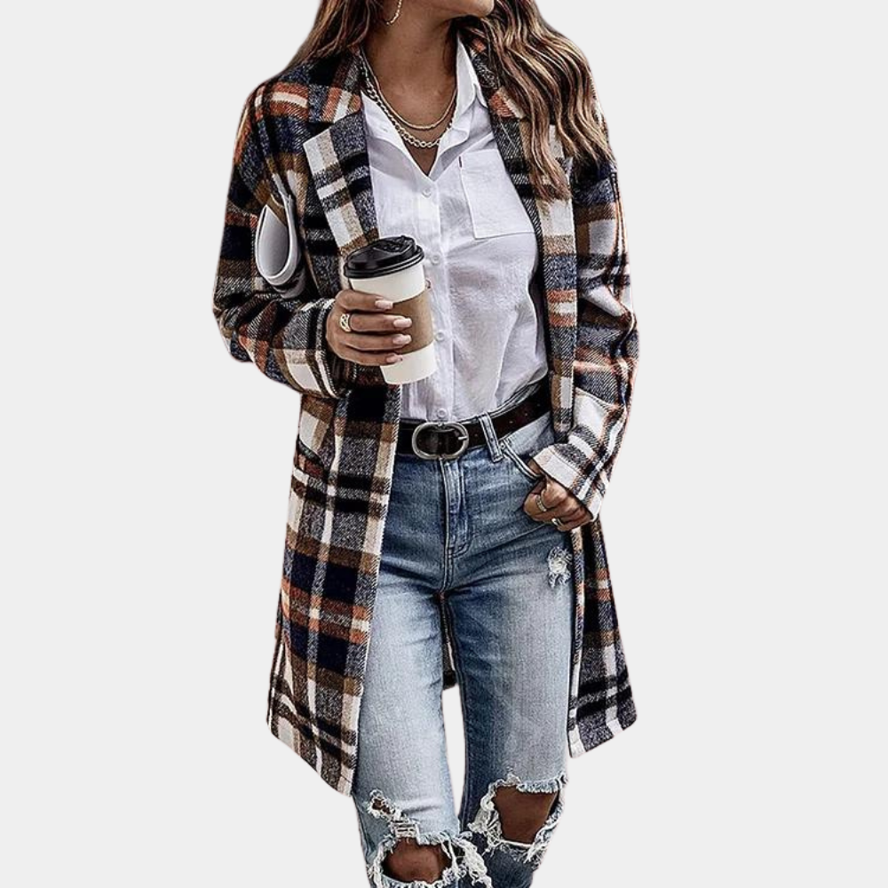 Long single-breasted lapel tweed jacket for women