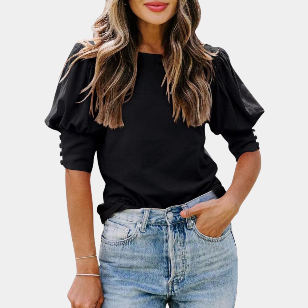 Women's Blouse - Puff Sleeve - 3/4 Length - Relaxed Fit - Button Detail Classic Style