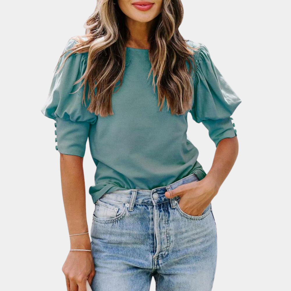 Women's Blouse - Puff Sleeve - 3/4 Length - Relaxed Fit - Button Detail Classic Style