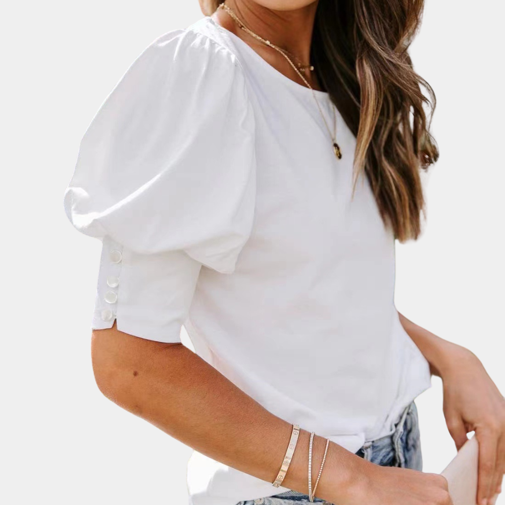 Women's Blouse - Puff Sleeve - 3/4 Length - Relaxed Fit - Button Detail Classic Style