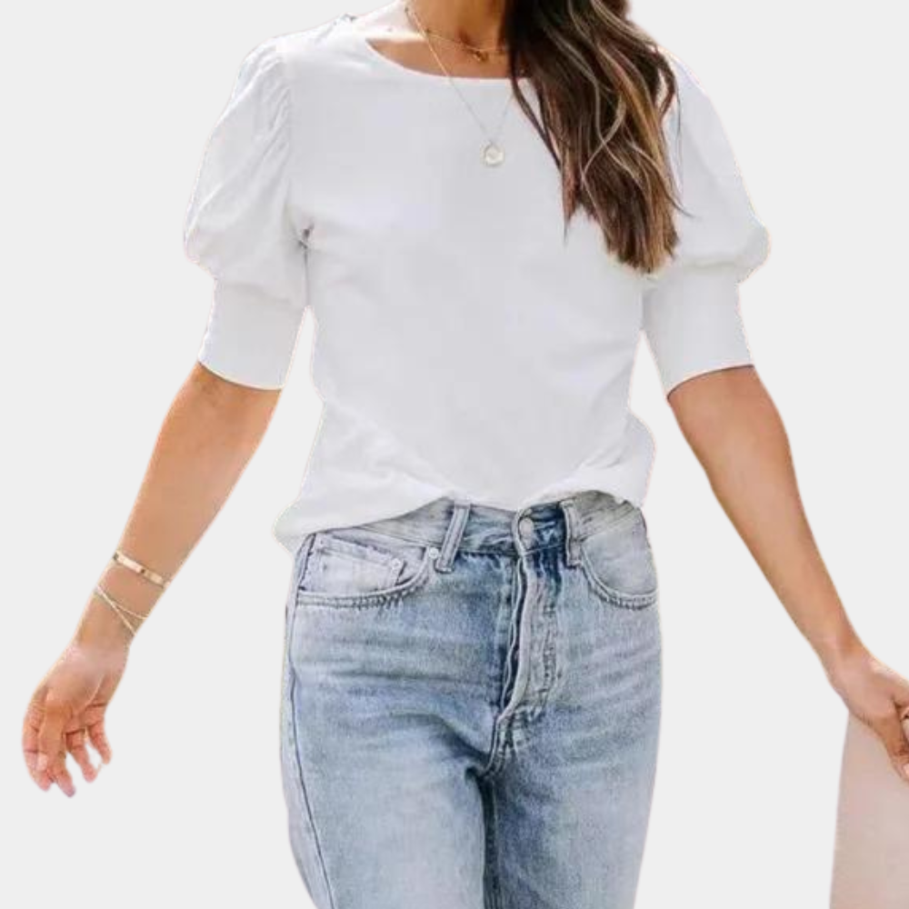 Women's Blouse - Puff Sleeve - 3/4 Length - Relaxed Fit - Button Detail Classic Style