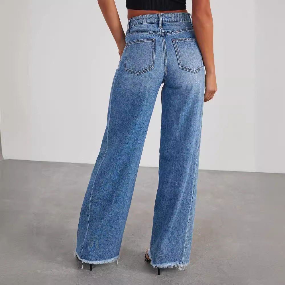 Loose wide-leg jeans with side seam stitching and frayed hem for women