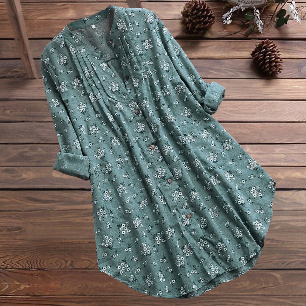 Women's Tunic Shirt - Floral Pattern - Button Down - Long Sleeve Relaxed Fit
