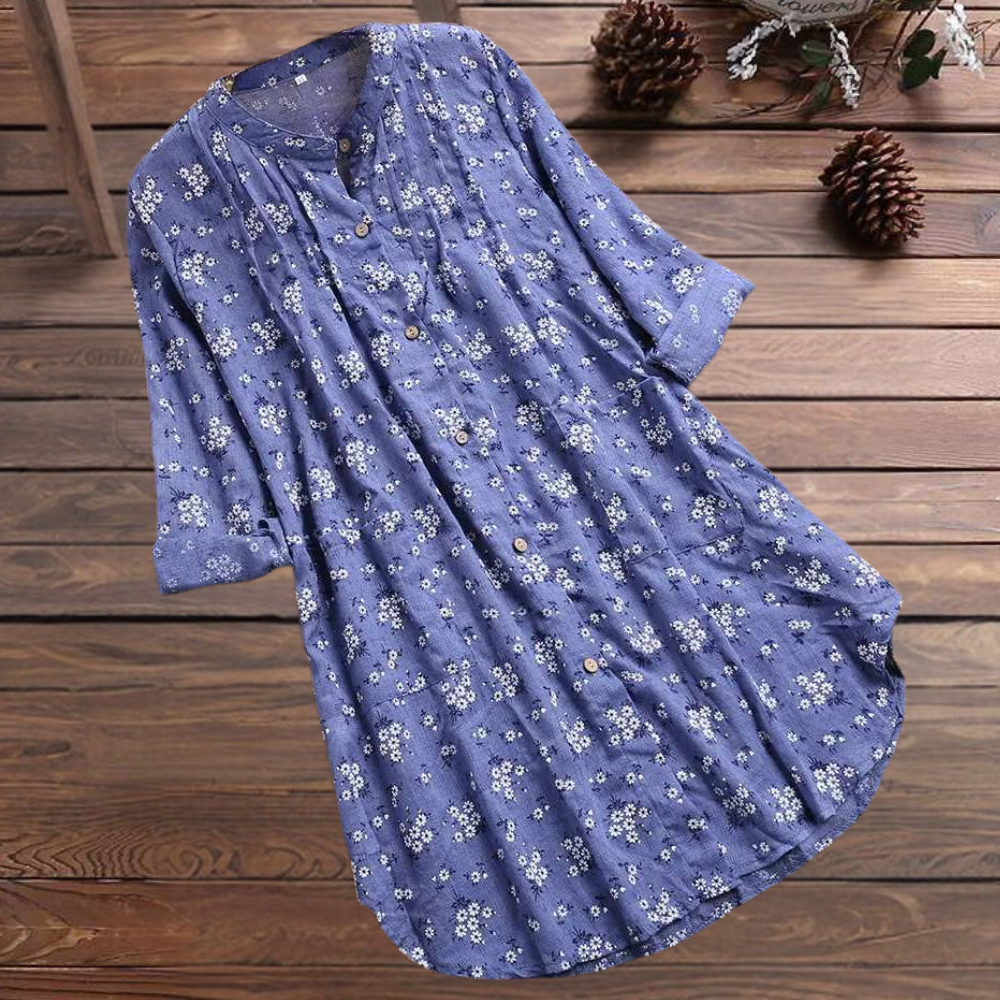 Women's Tunic Shirt - Floral Pattern - Button Down - Long Sleeve Relaxed Fit