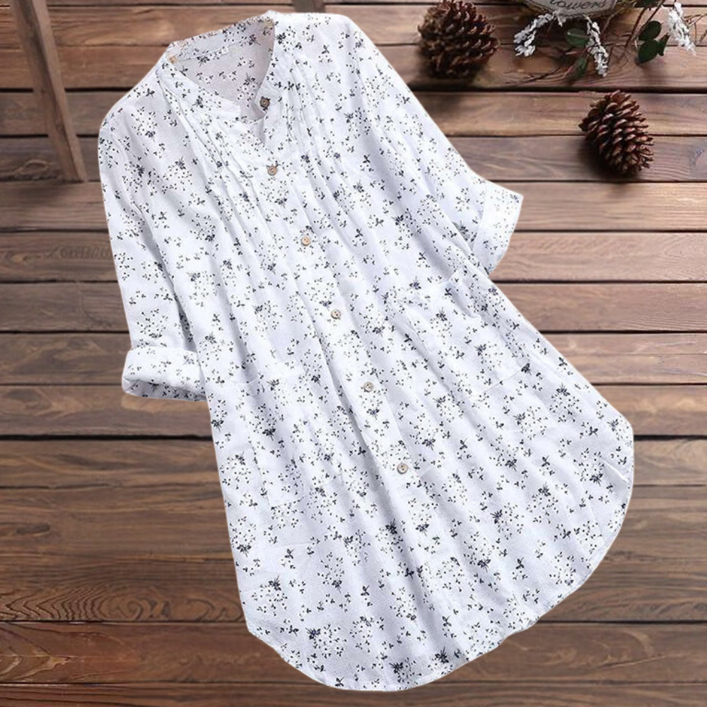 Women's Tunic Shirt - Floral Pattern - Button Down - Long Sleeve Relaxed Fit