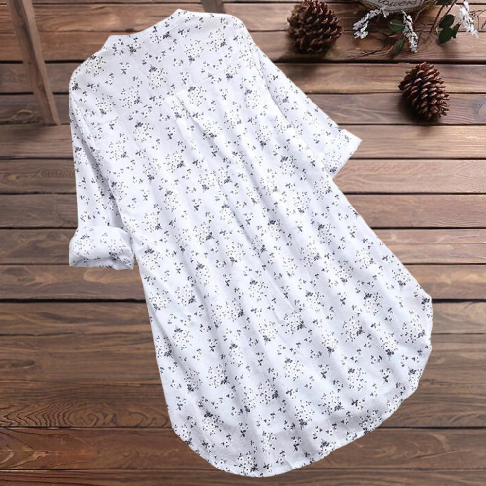 Women's Tunic Shirt - Floral Pattern - Button Down - Long Sleeve Relaxed Fit