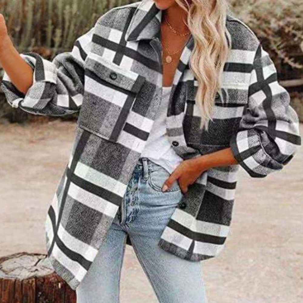 Womens casual long sleeve button-up jacket with pockets
