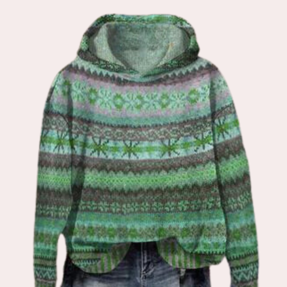 Women’s Hooded Sweater – Knit Wool Blend – Relaxed Fit – Nordic Pattern – Casual Style