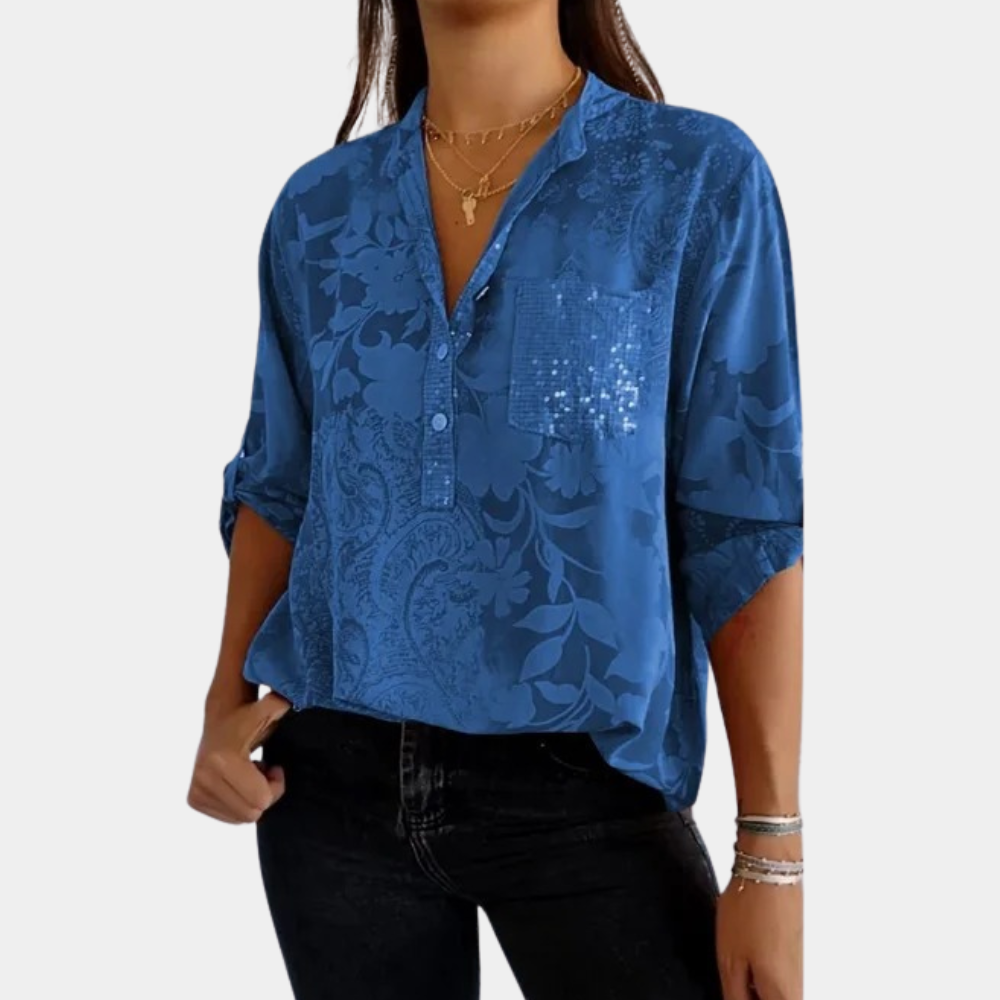 Women's Blouse - Floral Jacquard Pattern - V-Neck Button Front - Relaxed Fit