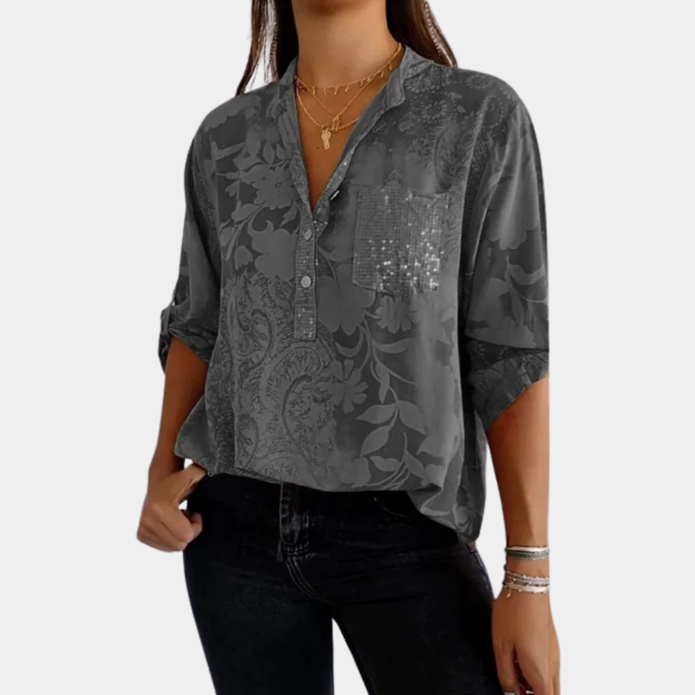 Women's Blouse - Floral Jacquard Pattern - V-Neck Button Front - Relaxed Fit