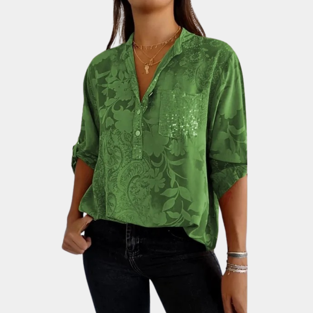 Women's Blouse - Floral Jacquard Pattern - V-Neck Button Front - Relaxed Fit