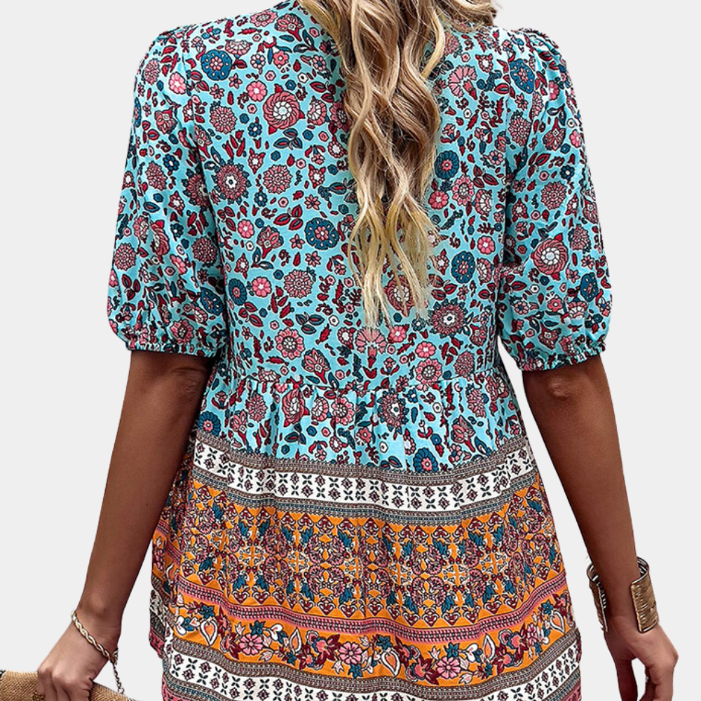 Women's Bohemian Blouse - V-Neck Button Front - Short Puff Sleeve - Flowy Fit