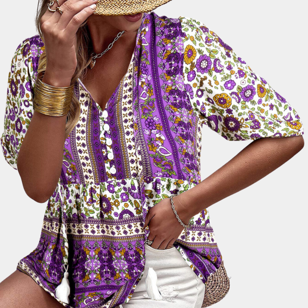 Women's Bohemian Blouse - V-Neck Button Front - Short Puff Sleeve - Flowy Fit
