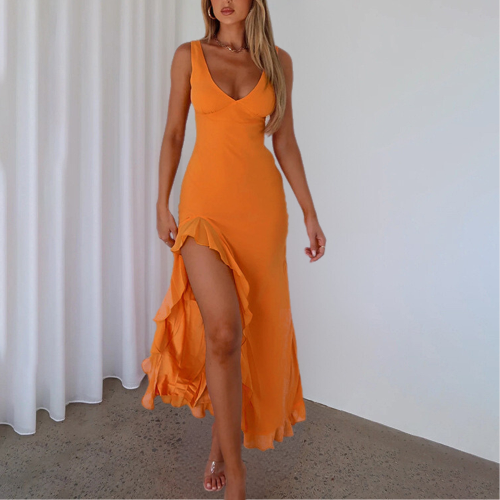 Women’s Evening Dress – Slim Fit – Satin-Like Fabric – Deep V-Neck – High-Low Hem