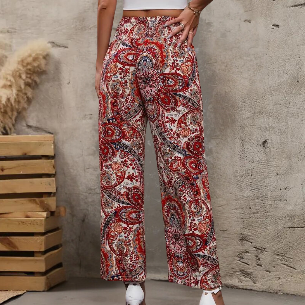 Women's Wide-Leg Pants - Bohemian Print - High-Rise Elastic Waist - Flowy Lightweight