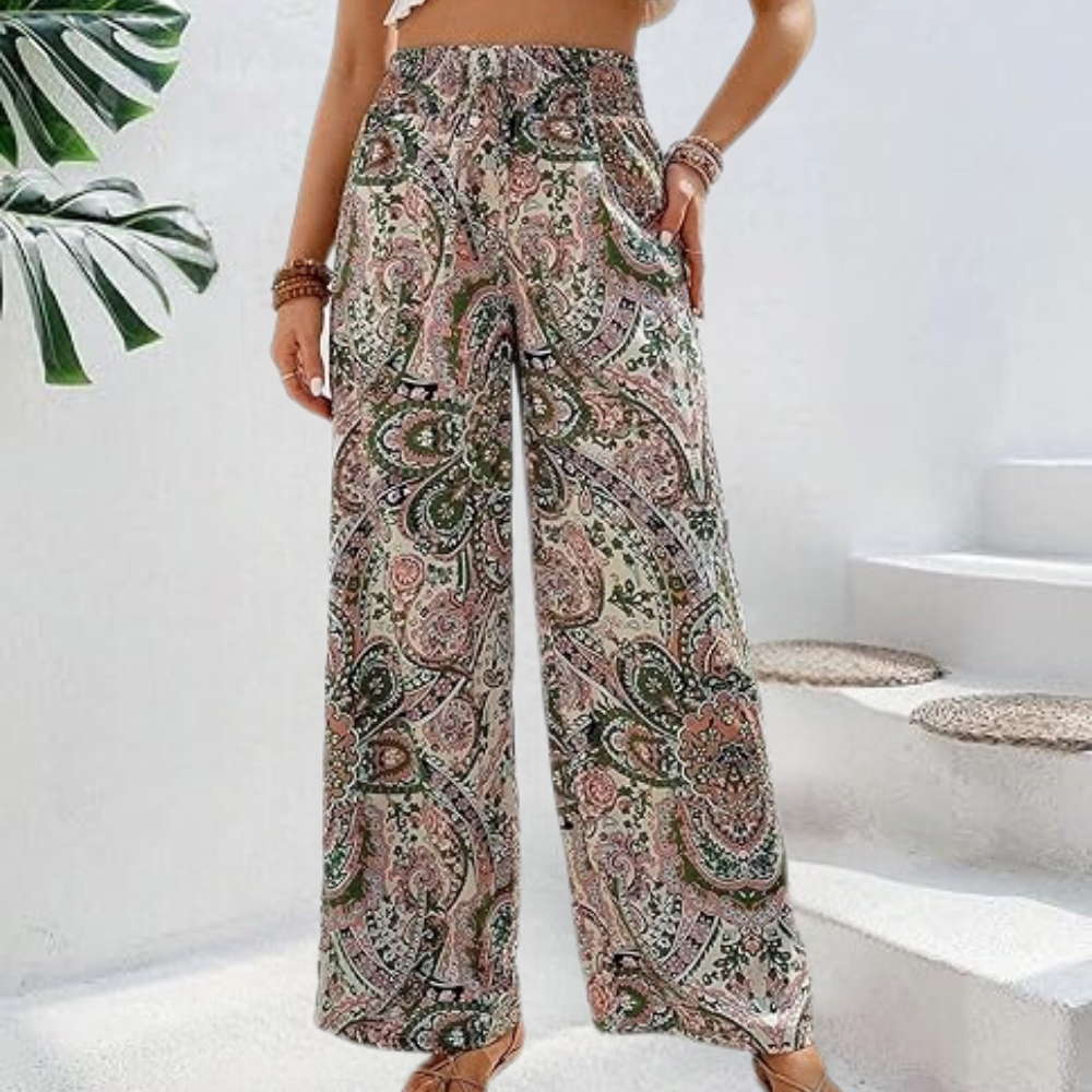 Women's Wide-Leg Pants - Bohemian Print - High-Rise Elastic Waist - Flowy Lightweight