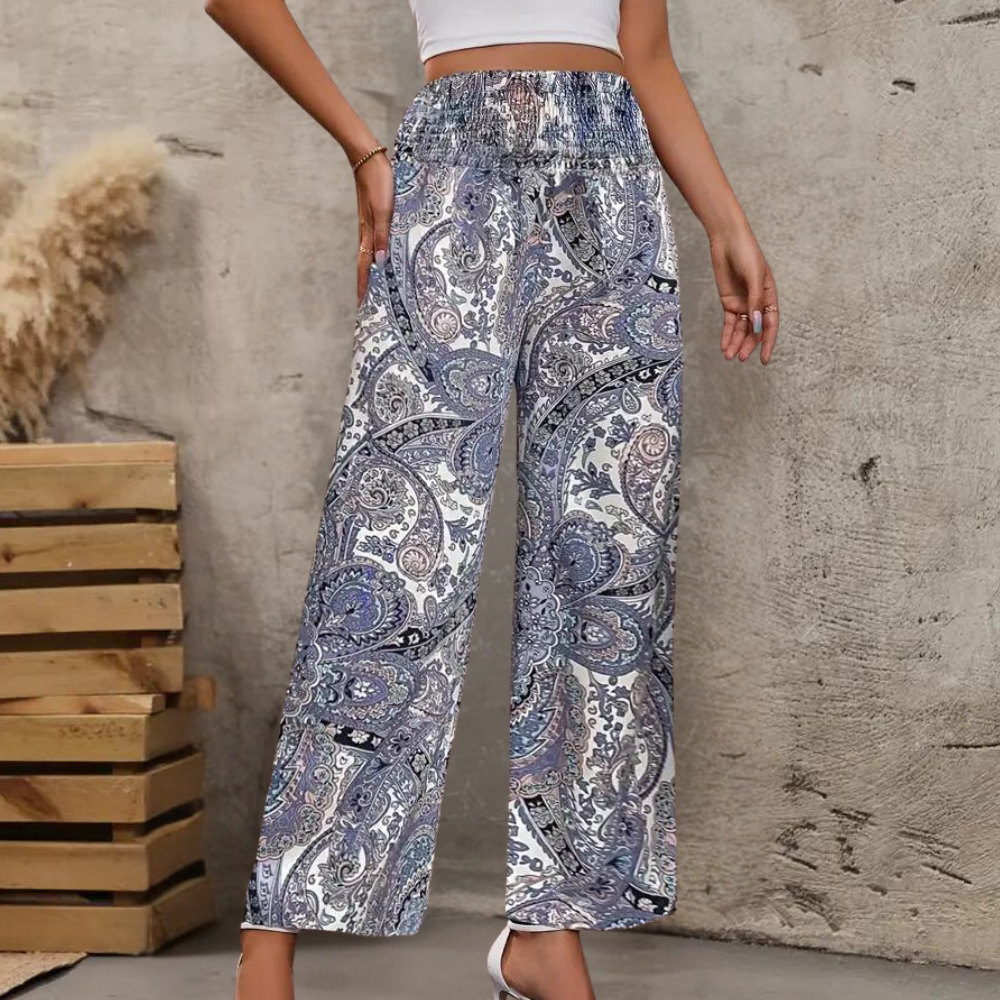 Women's Wide-Leg Pants - Bohemian Print - High-Rise Elastic Waist - Flowy Lightweight