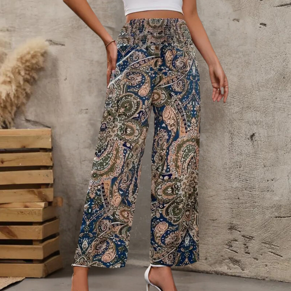 Women's Wide-Leg Pants - Bohemian Print - High-Rise Elastic Waist - Flowy Lightweight
