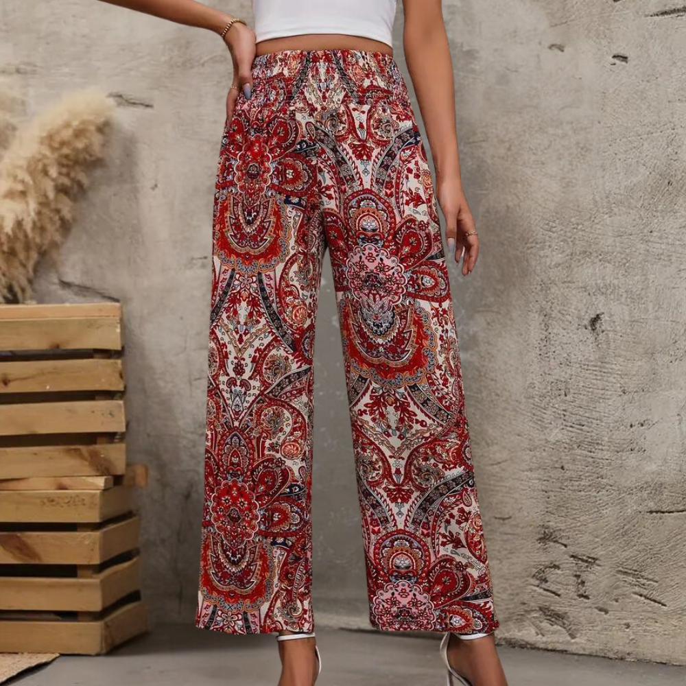Women's Wide-Leg Pants - Bohemian Print - High-Rise Elastic Waist - Flowy Lightweight