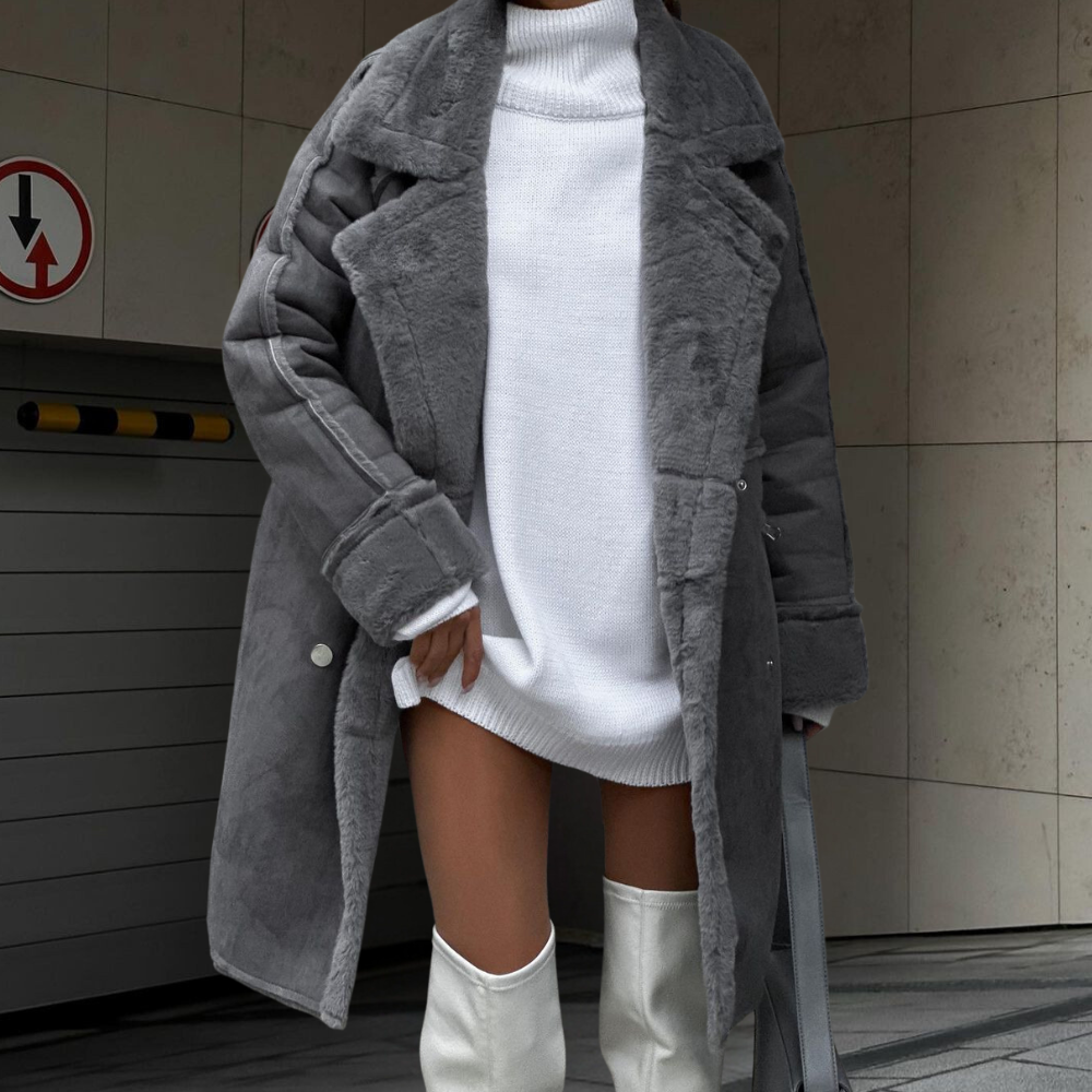 Women's winter plush long cardigan coat with suit collar and long sleeves