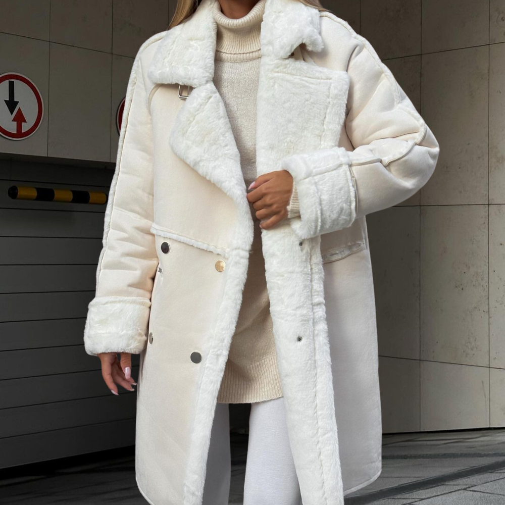 Women's winter plush long cardigan coat with suit collar and long sleeves
