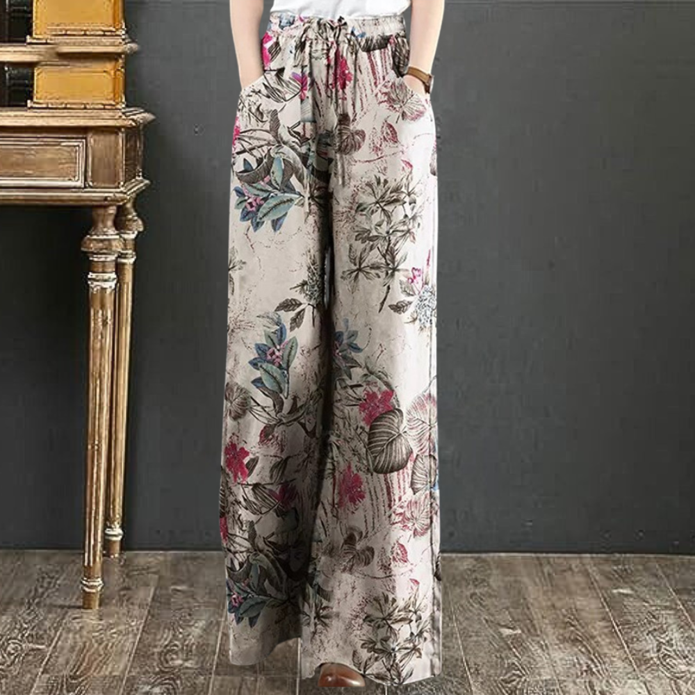 Printed Linen Wide-Leg Elastic Waist Pants