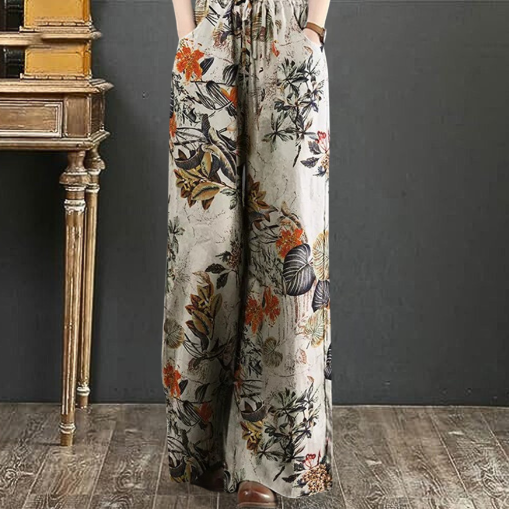 Printed Linen Wide-Leg Elastic Waist Pants