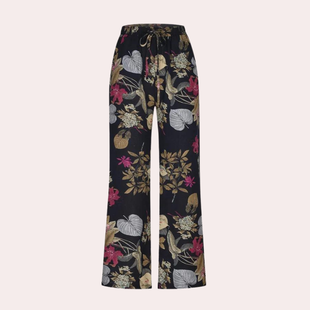 Women's Linen wide-leg pants with printed design and elastic waist with tie