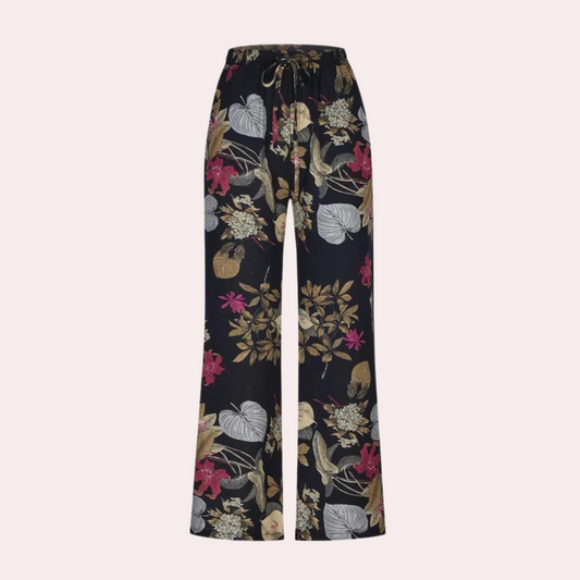 Printed Linen Wide-Leg Elastic Waist Pants