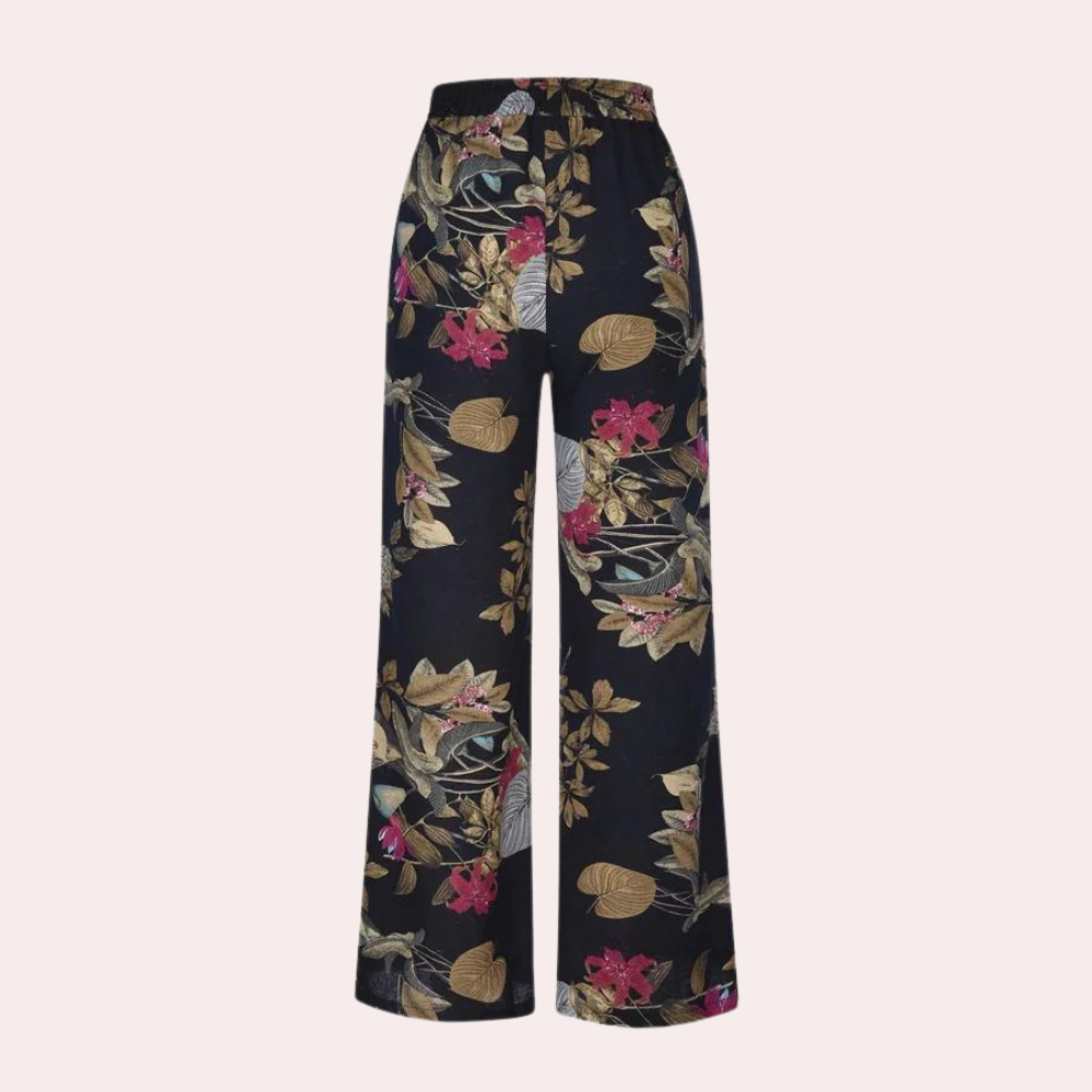 Women's Linen wide-leg pants with printed design and elastic waist with tie