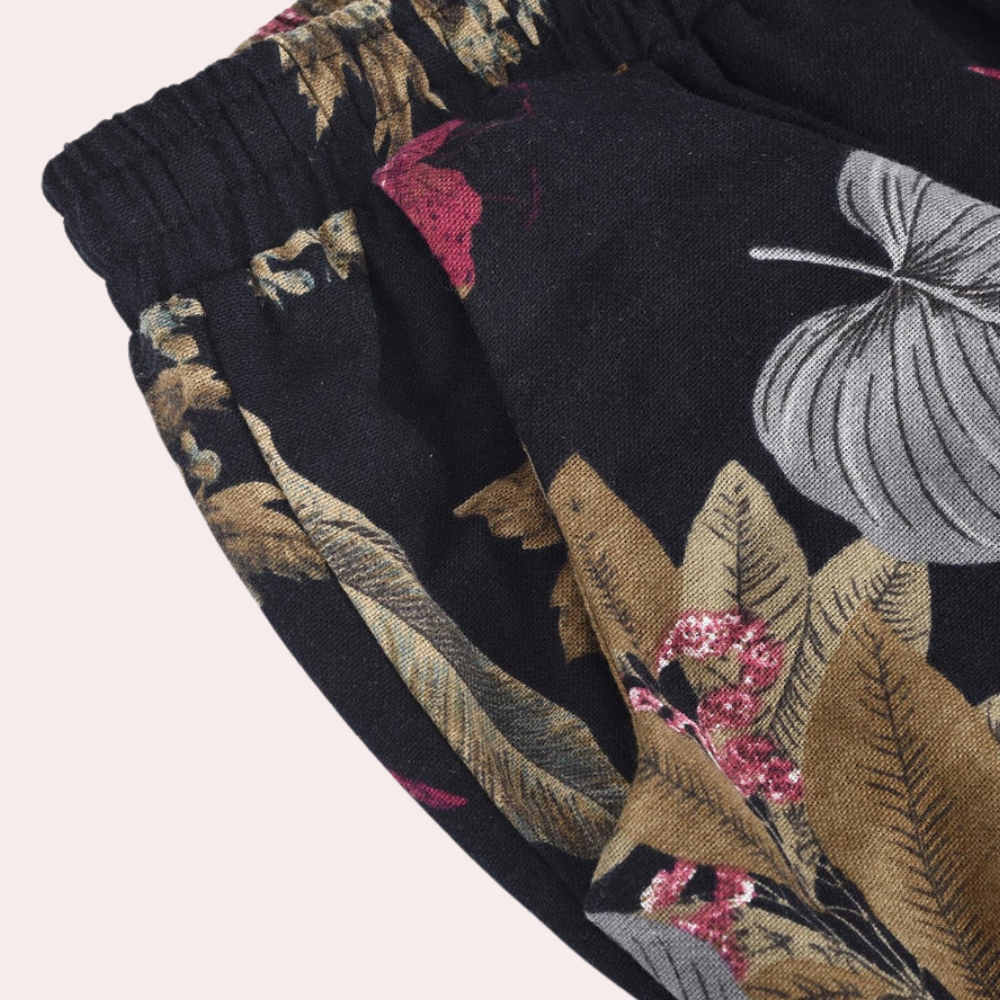 Printed Linen Wide-Leg Elastic Waist Pants