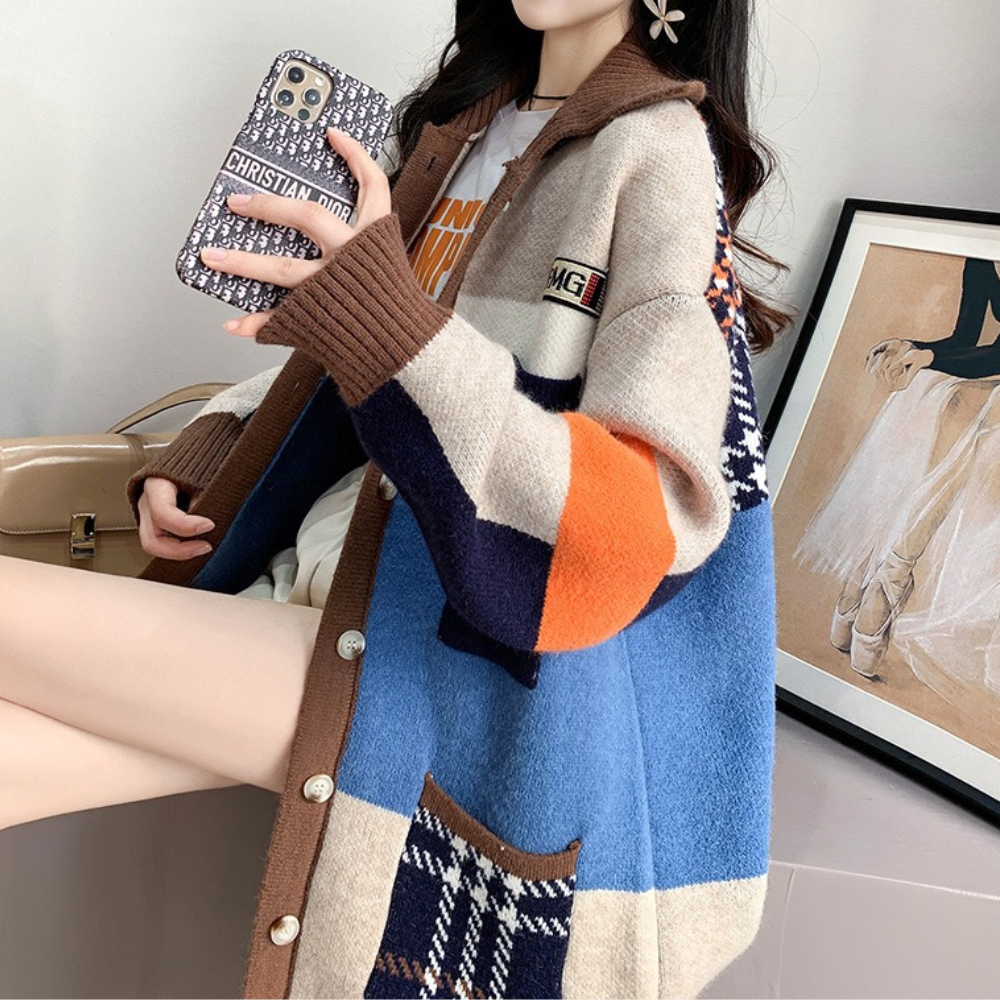 Women's patchwork knit cardigan