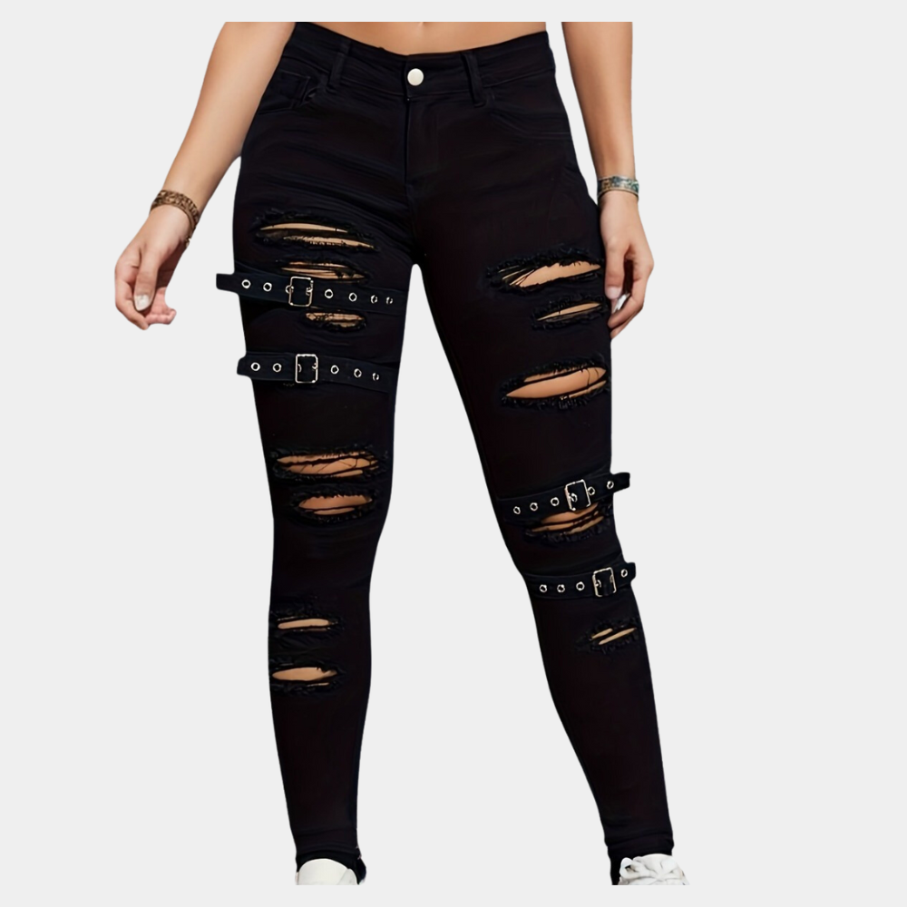 Ripped skinny elastic denim trousers for women