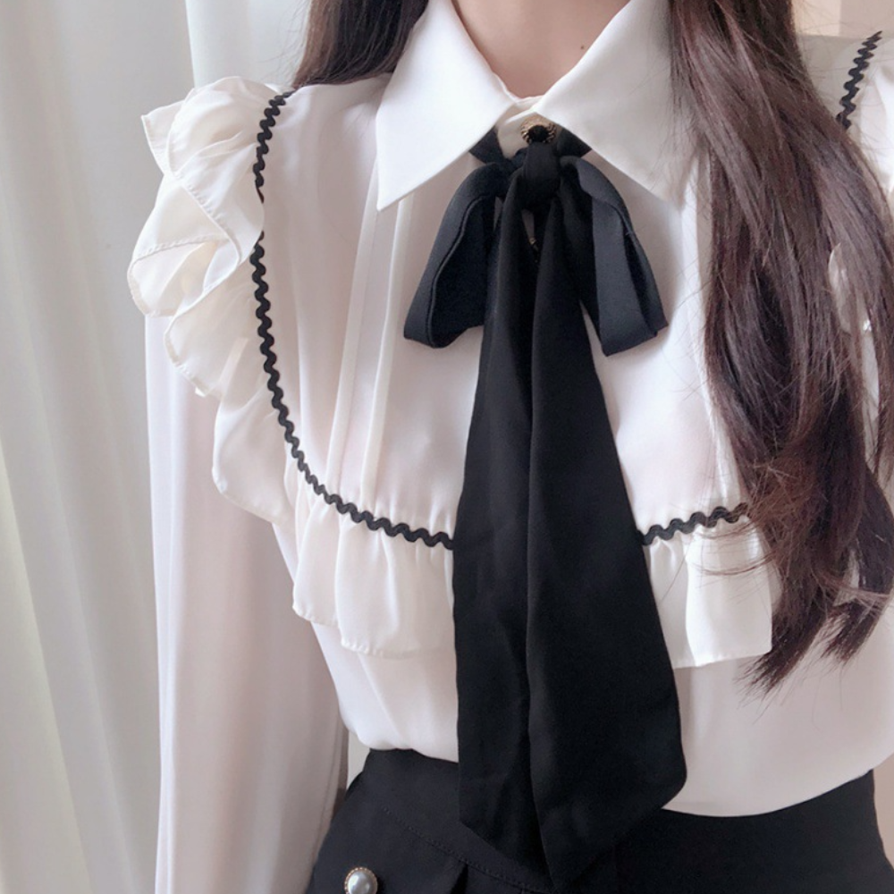 Women's Blouse - Ruffled High Neck with Bow Tie - Long Sleeve Elegant Design