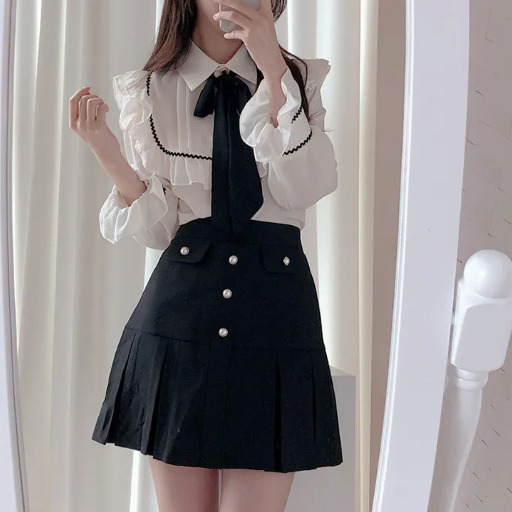 Women's Blouse - Ruffled High Neck with Bow Tie - Long Sleeve Elegant Design