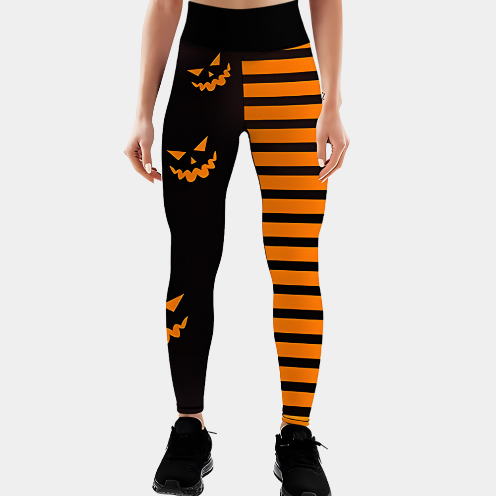 Women's Leggings - High Waist - Stretchy Fit - Jack-O'-Lantern Print - Striped Pattern