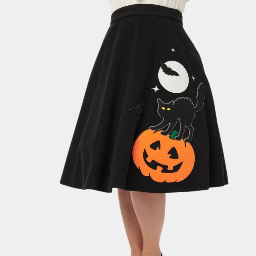 Plus size pumpkin head cat moon print swing skirt for women