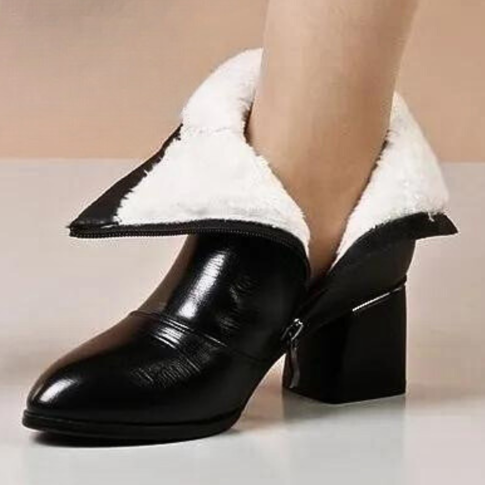 Women’s Ankle Boots – Textured Faux Leather – Block Heel – Side Buttons – Rounded Toe